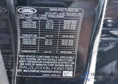 2020 Land Rover Range Rover Evoque Se z USA, uszkodzony, nr VIN SALZL2GX8LH060166